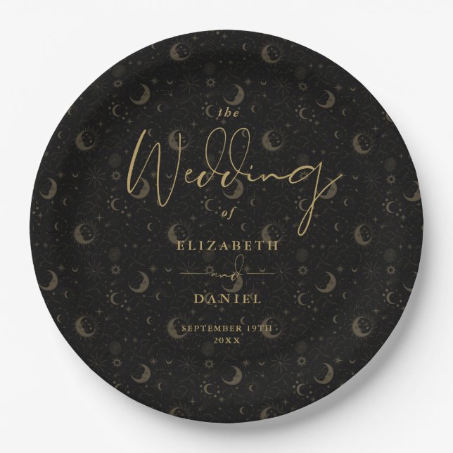 Black And Gold Celestial Stars And Moons Wedding Paper Plates (Front)