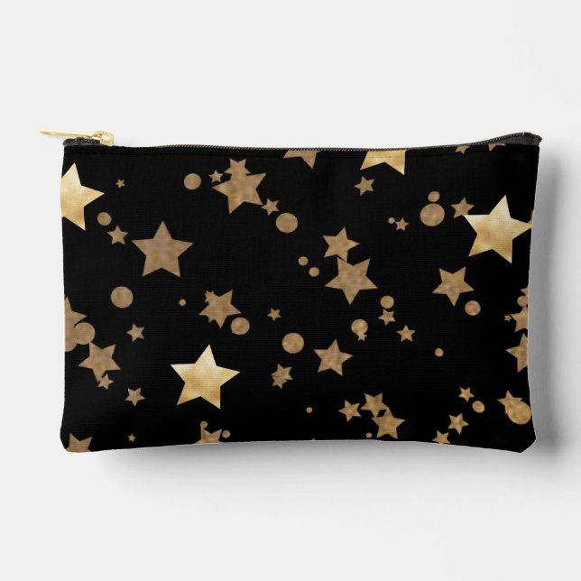 Black and Gold Celestial Stars and Polka Dots Accessory Pouch (Front)