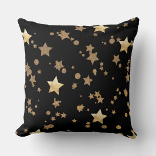 Black and Gold Celestial Stars and Polka Dots Throw Pillow