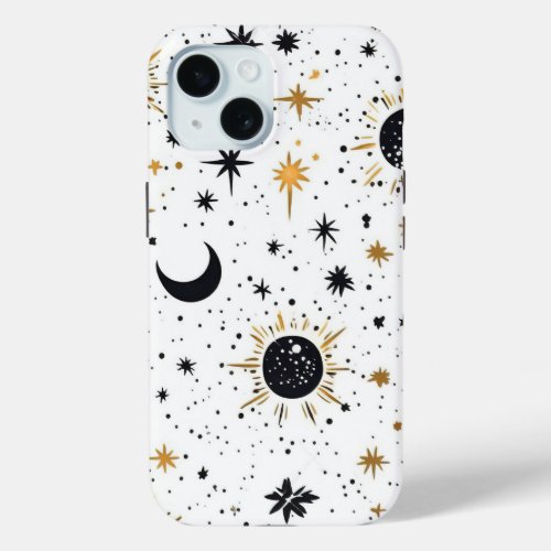 Black and Gold Celestial Sun Moon Stars iPhone 15 Case