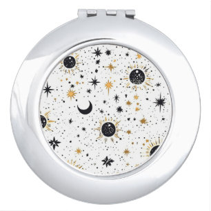 Black and Gold Celestial Sun Moon Stars Compact Mirror