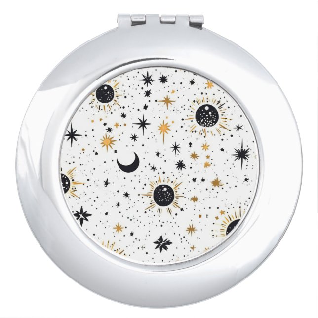 Black and Gold Celestial Sun Moon Stars Compact Mirror (Front)
