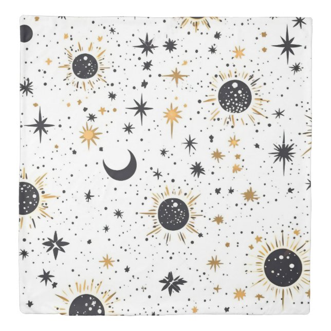 Black and Gold Celestial Sun Moon Stars Duvet Cover (Front)