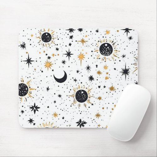 Black and Gold Celestial Sun Moon Stars Mouse Pad