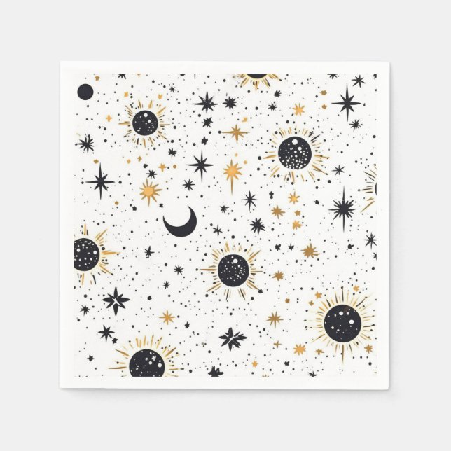 Black and Gold Celestial Sun Moon Stars Napkins (Front)