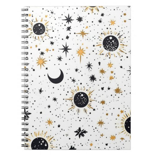 Black and Gold Celestial Sun Moon Stars Notebook