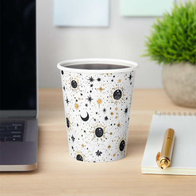 Black and Gold Celestial Sun Moon Stars Paper Cups (Insitu)