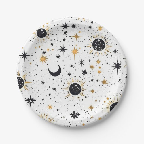 Black and Gold Celestial Sun Moon Stars Paper Plates