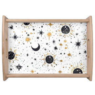 Black and Gold Celestial Sun Moon Stars Serving Tray