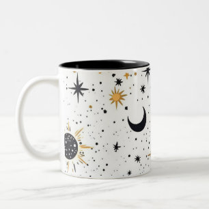 Black and Gold Celestial Sun Moon Stars Two-Tone Coffee Mug