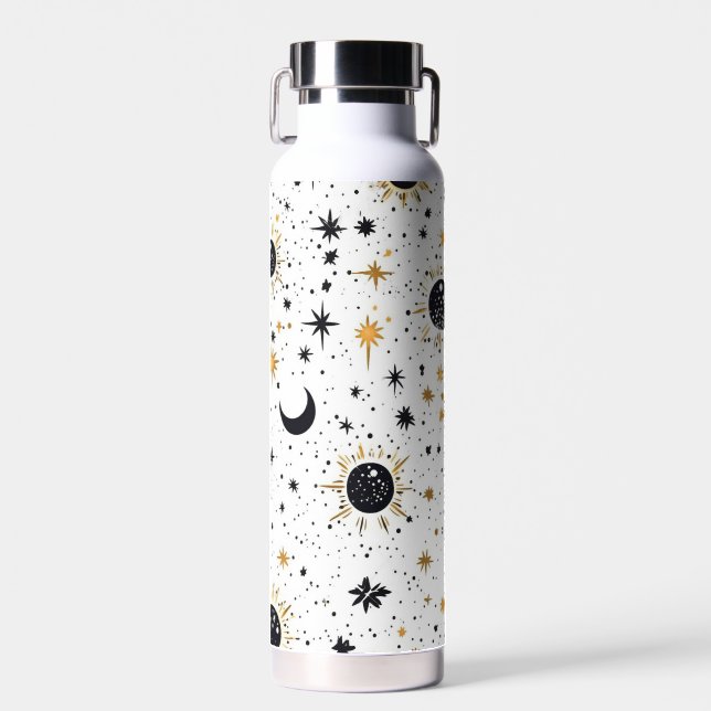 Black and Gold Celestial Sun Moon Stars Water Bottle (Front)