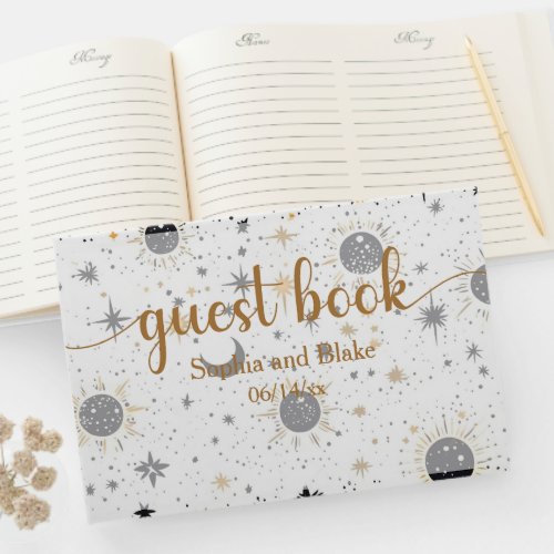 Black and Gold Celestial Sun Moon Stars Wedding Guest Book