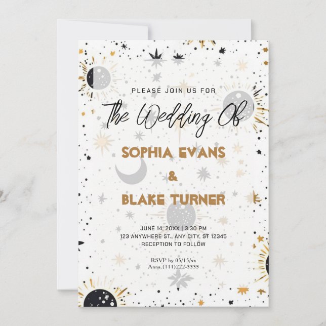 Black and Gold Celestial Sun Moon Stars Wedding Invitation (Front)