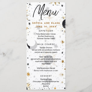 Black and Gold Celestial Sun Moon Stars Wedding Menu