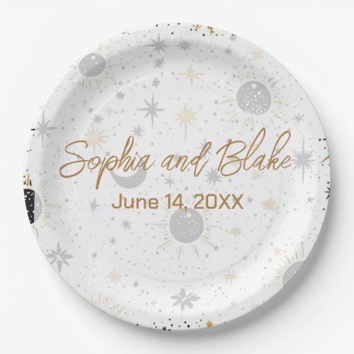 Black and Gold Celestial Wedding Paper Plates