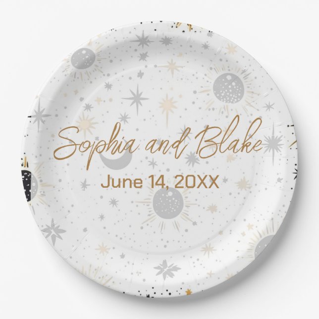 Black and Gold Celestial Wedding Paper Plates (Front)