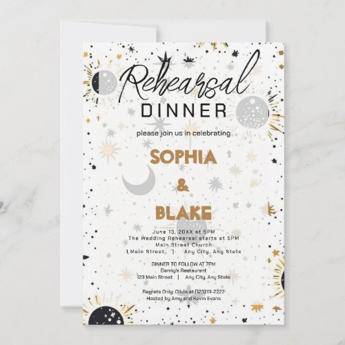 Black and Gold Celestial  Wedding Rehearsal Dinner Invitation