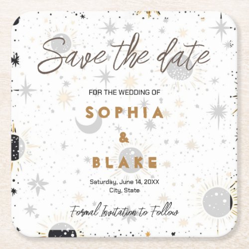 Black and Gold Celestial Wedding Save the Date Square Paper Coaster
