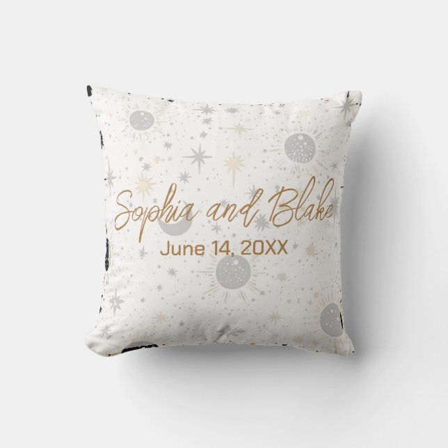 Black and Gold Celestial Wedding Throw Pillow (Front)
