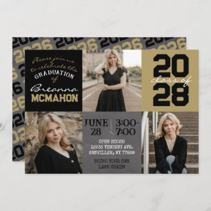Black and Gold Chalkboard 3 Photo Graduation Invitation