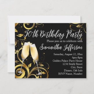 Black and Gold Champagne 50th Birthday Party Invitation
