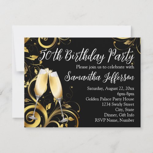 Black and Gold Champagne 50th Birthday Party Invitation