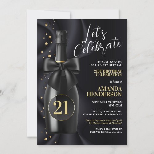 Black and Gold Champagne Birthday Invitation