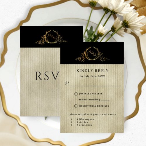 Black and Gold Champagne Monogram wwithout meals RSVP Card