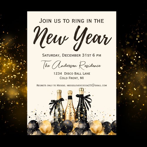 Black and Gold Champagne New Years Eve Party Invitation