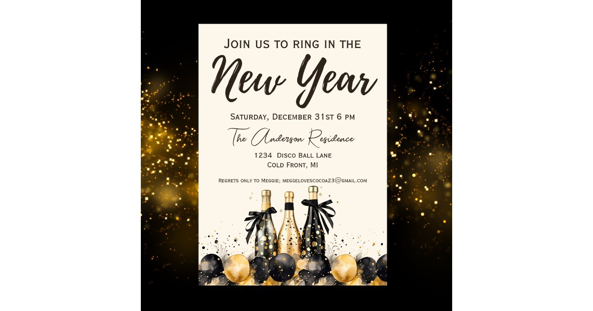 Black and Gold Champagne New Year's Eve Party Invitation | Zazzle