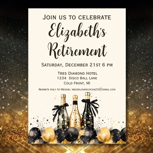 Black and Gold Champagne Retirement Party Invitation