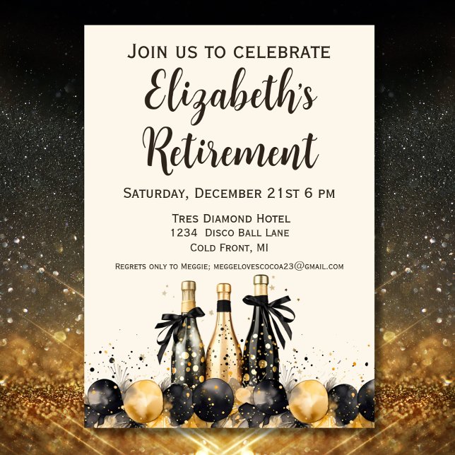 Black and Gold Champagne Retirement Party Invitation (Creator Uploaded)