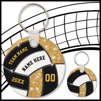 Black And Gold Cheap Volleyball Gifts 4 Text Boxes Keychain by LittleLindaPinda at Zazzle