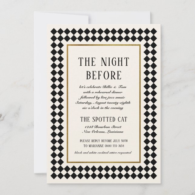 Black and Gold Checkerboard Border Jazz Rehearsal Invitation (Front)