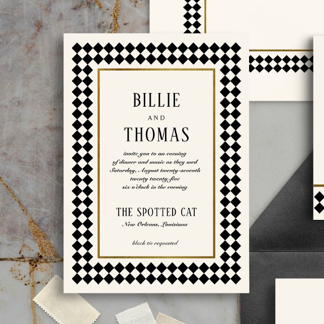 Black and Gold Checkerboard Border Jazz Wedding Postcard (Creator Uploaded)