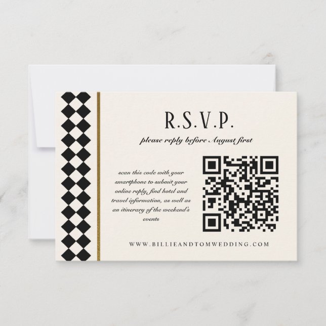 Black and Gold Checkerboard Border Wedding Online RSVP Card (Front)