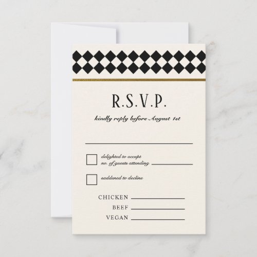 Black and Gold Checkerboard Border Wedding RSVP Card
