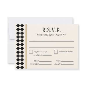 Black and Gold Checkerboard Border Wedding RSVP Card