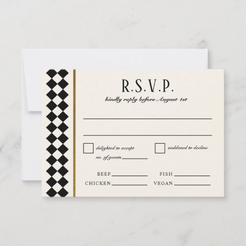 Black and Gold Checkerboard Border Wedding RSVP Card