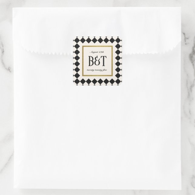 Black and Gold Checkerboard Border Wedding Square Sticker (Bag)