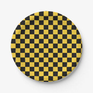 Black and gold checkerboard pattern paper plates