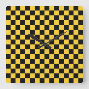 Black and gold checkerboard pattern square wall clock