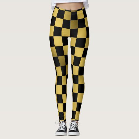 Black And Gold Checkered Board Pattern Leggings