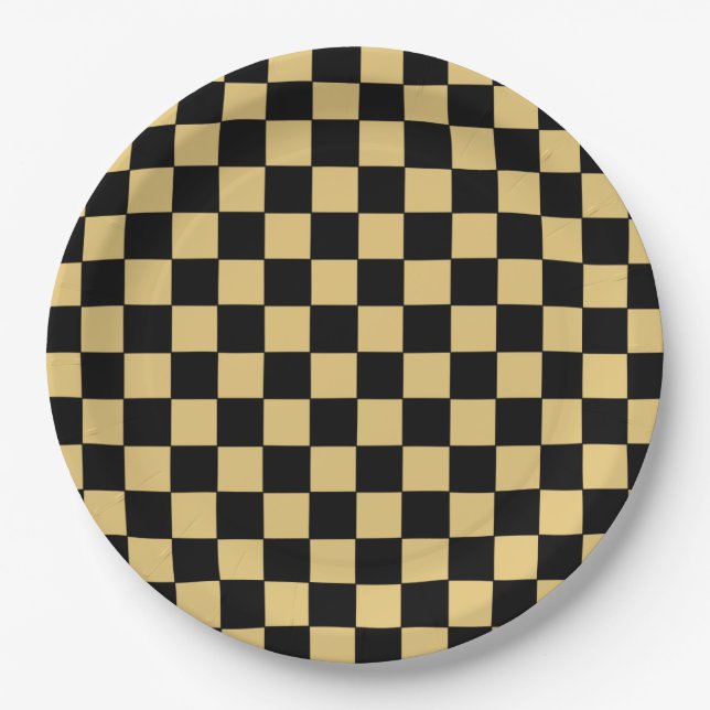 Black and Gold Checkered Paper Plates (Front)