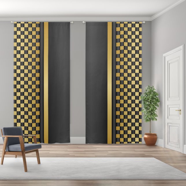 Black and Gold Checkered Pattern  Blackout Curtains (Wide)