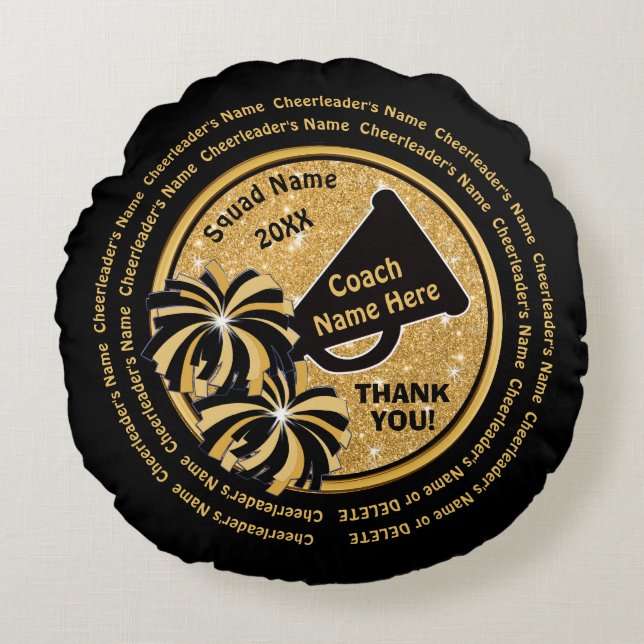 Black and Gold Cheer Coach Appreciation Gift Cheer Round Pillow (Front)