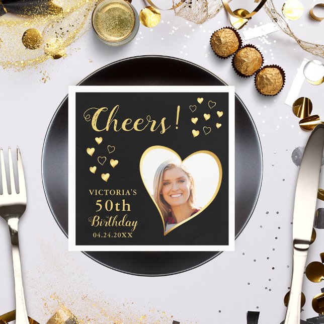 Black and Gold Cheers Custom Photo 50th Birthday Napkins (Creator Uploaded)