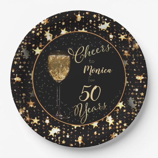Black and Gold Cheers to the Years Paper Plates (Front)