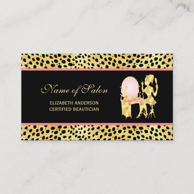 Black and Gold Cheetah Print Salon Woman of Glamor Business Card (Front)