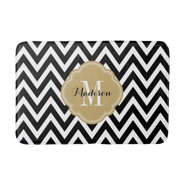 Black and Gold Chevron Monogram Bathroom Mat (Front)